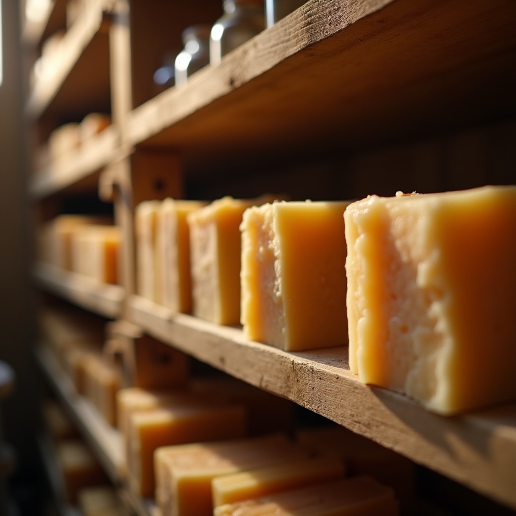 Blocchi di sapone artigianale in stagionatura su scaffali di legno in laboratorio