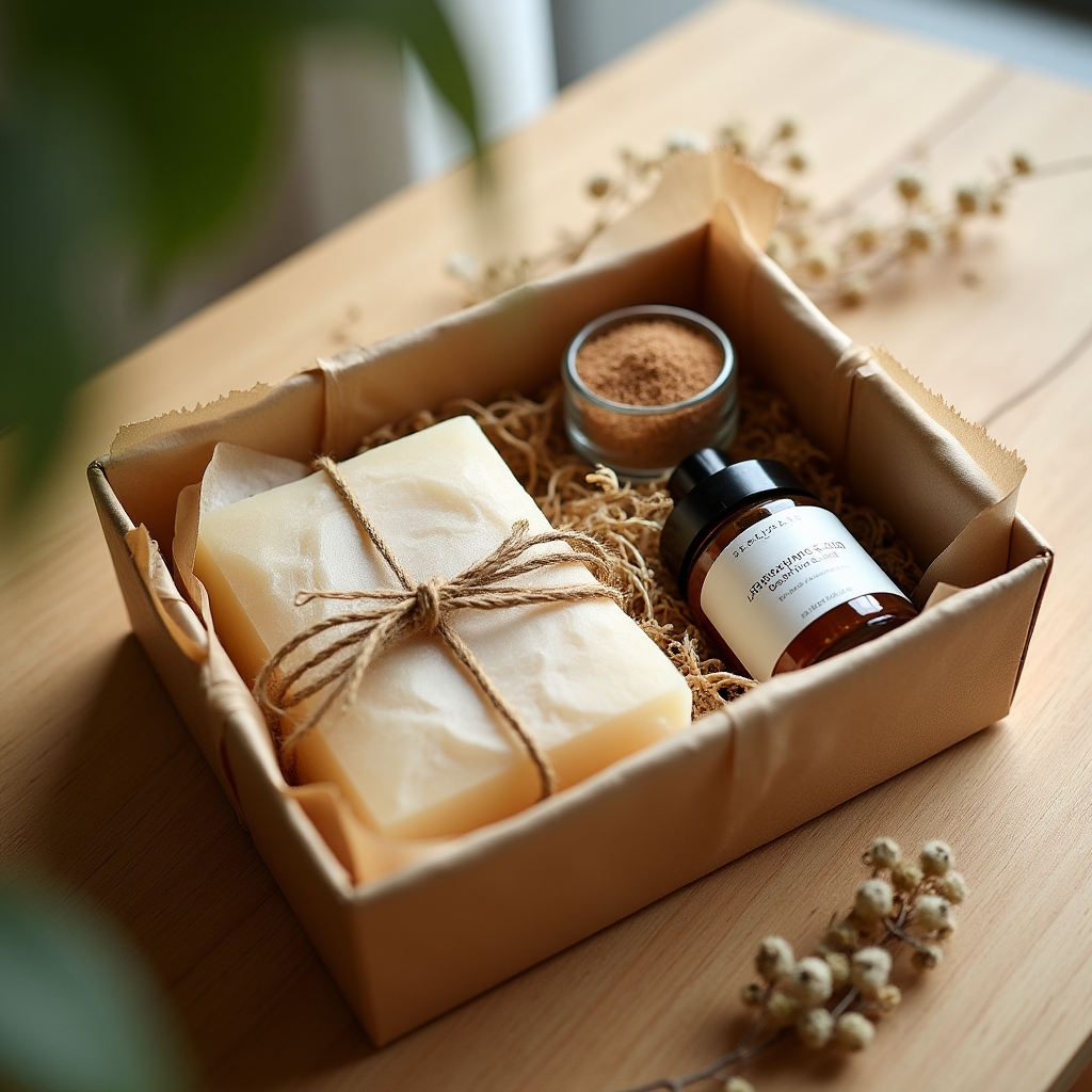 Confezione regalo con sapone, olio corpo e sali da bagno disposti su un tavolo di legno chiaro