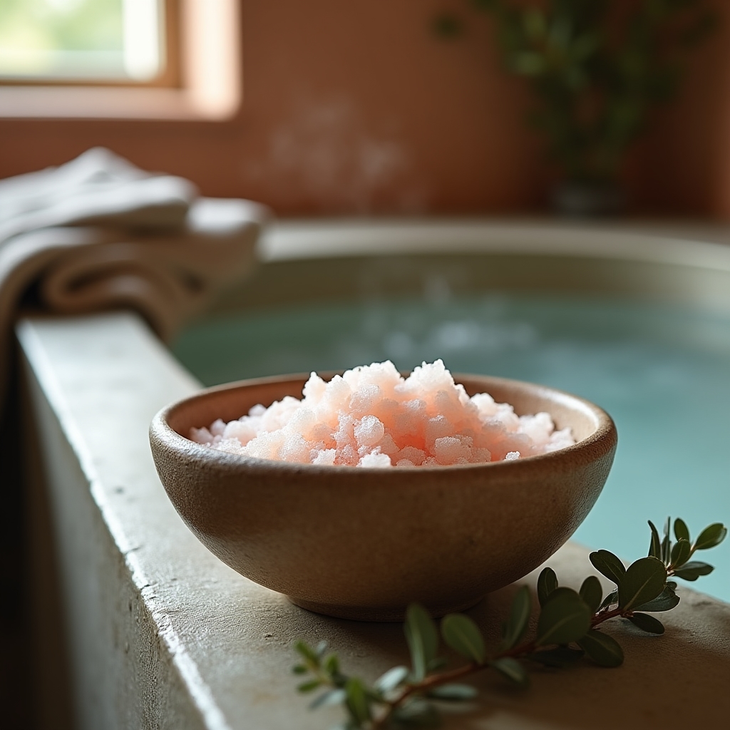 Sali da bagno al magnesio versati in acqua calda in una vasca da bagno