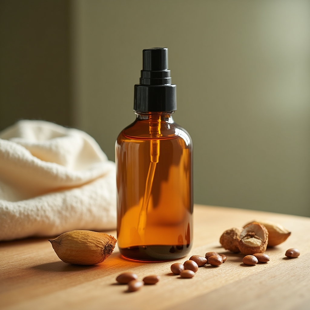 Bottiglia di olio corpo argan e jojoba su un piano in legno chiaro con semi di jojoba