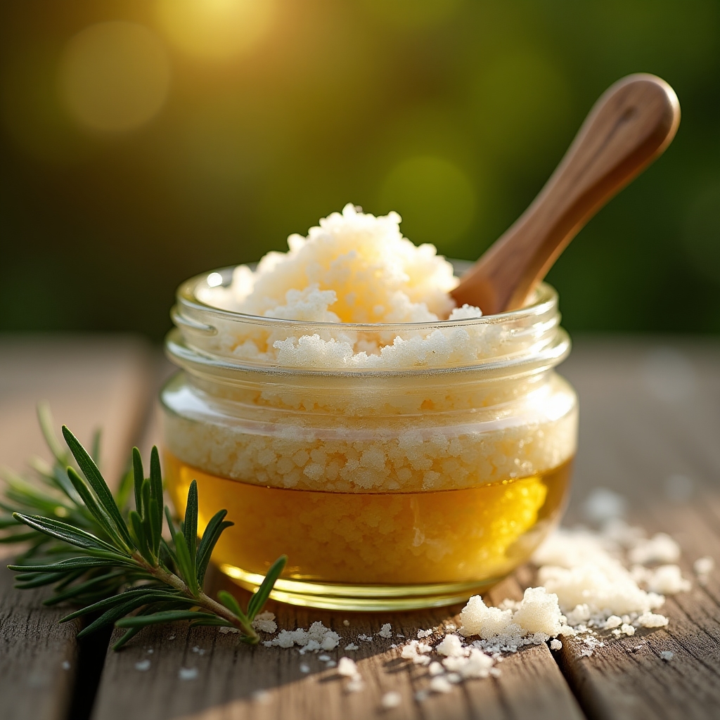 Vasetto di scrub corpo al sale marino con olio extravergine d'oliva e cucchiaio in legno